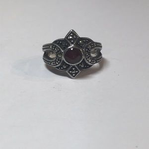 Sterling silver ring marcasite red colored stone